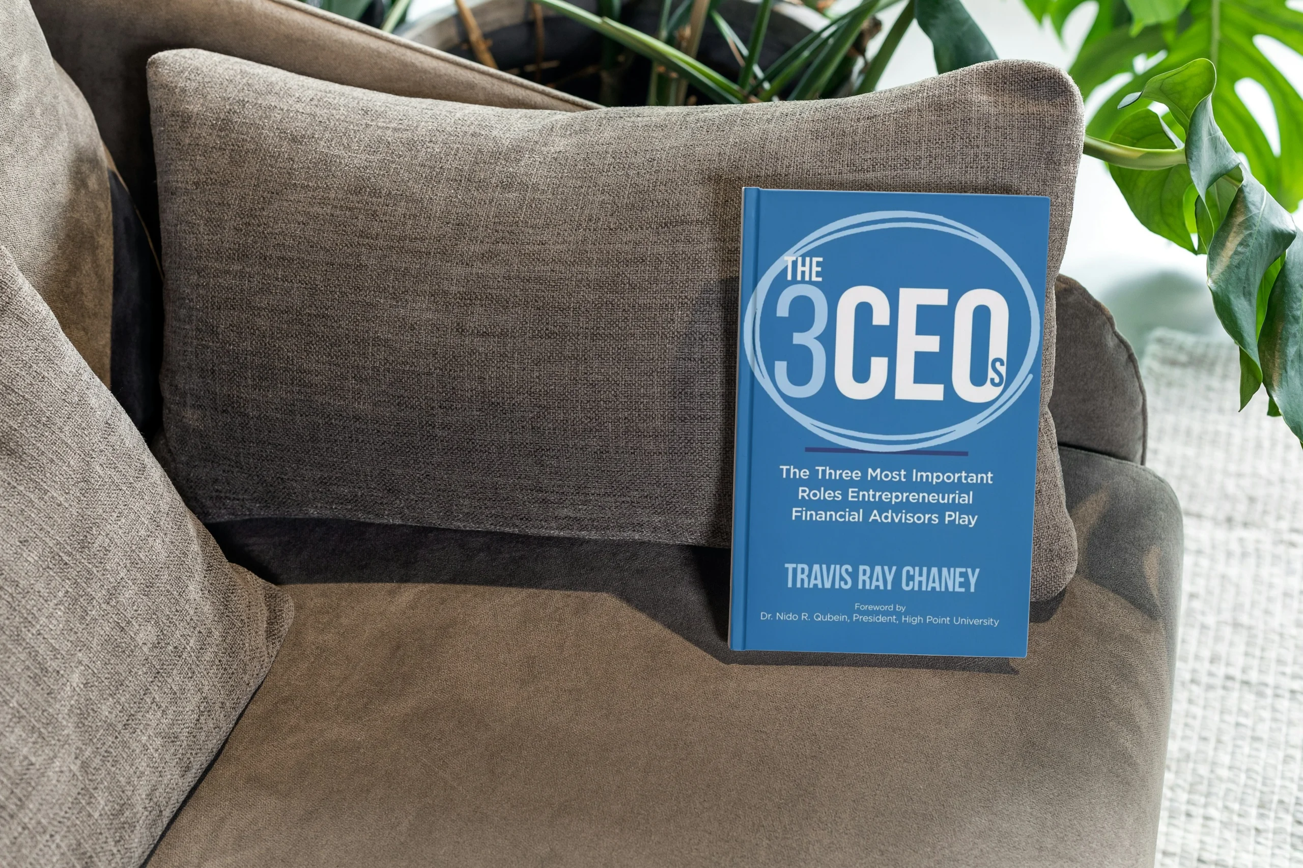 A copy of The 3CEOs by Travis Ray Chaney on a brown sofa
